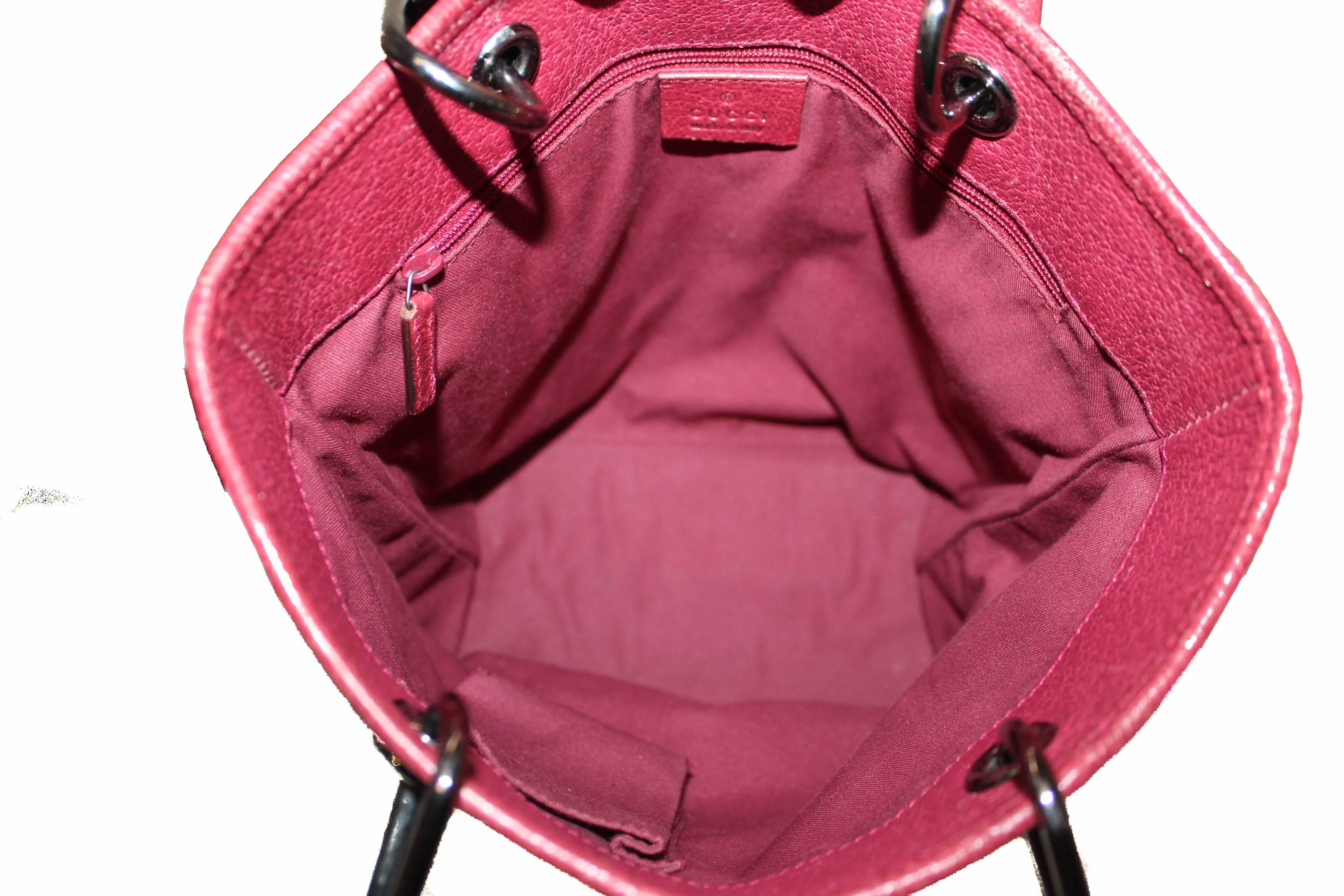 Authentic Gucci Gold GG Signature Canvas Pink Leather Small Bucket Tote Bag