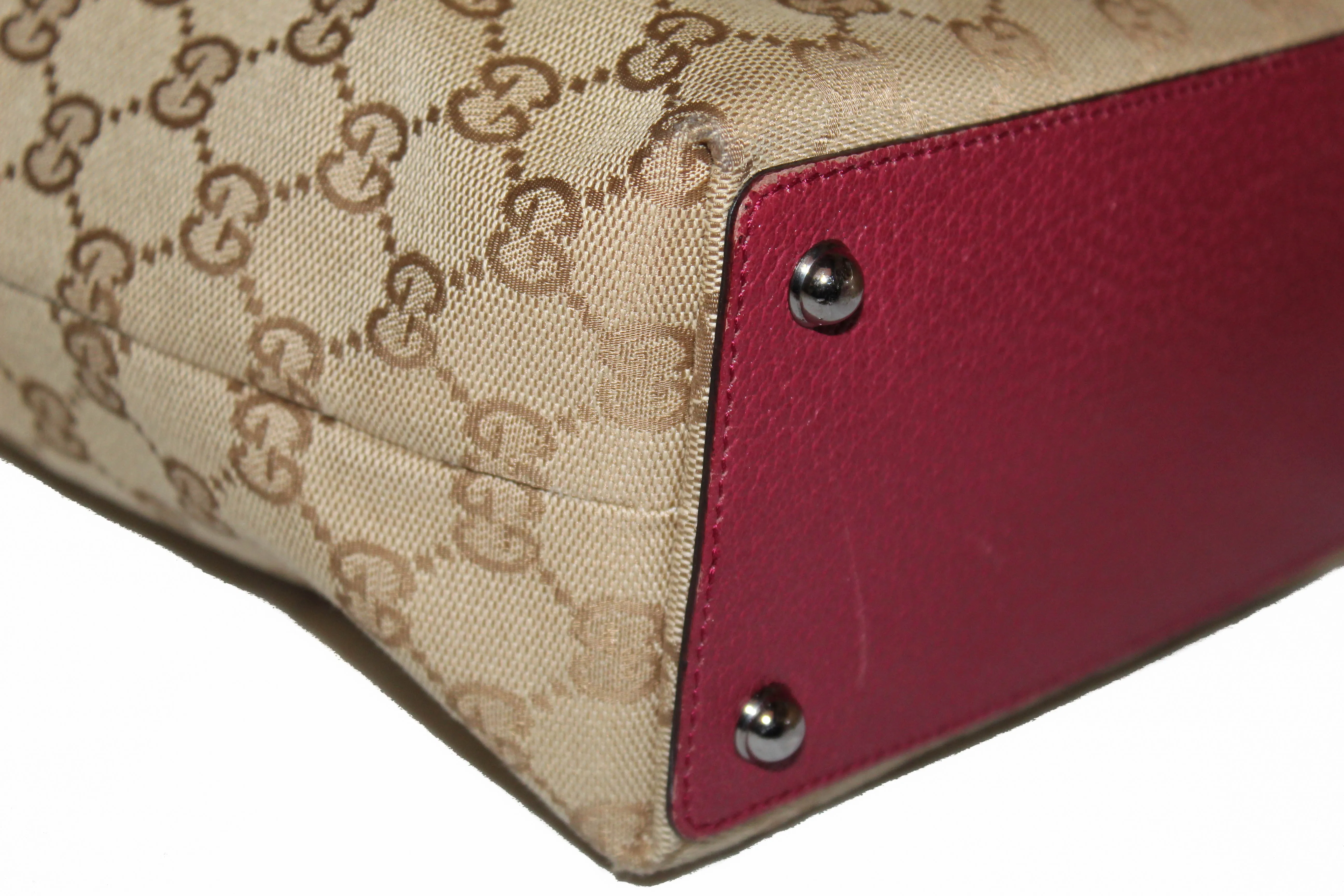 Authentic Gucci Gold GG Signature Canvas Pink Leather Small Bucket Tote Bag