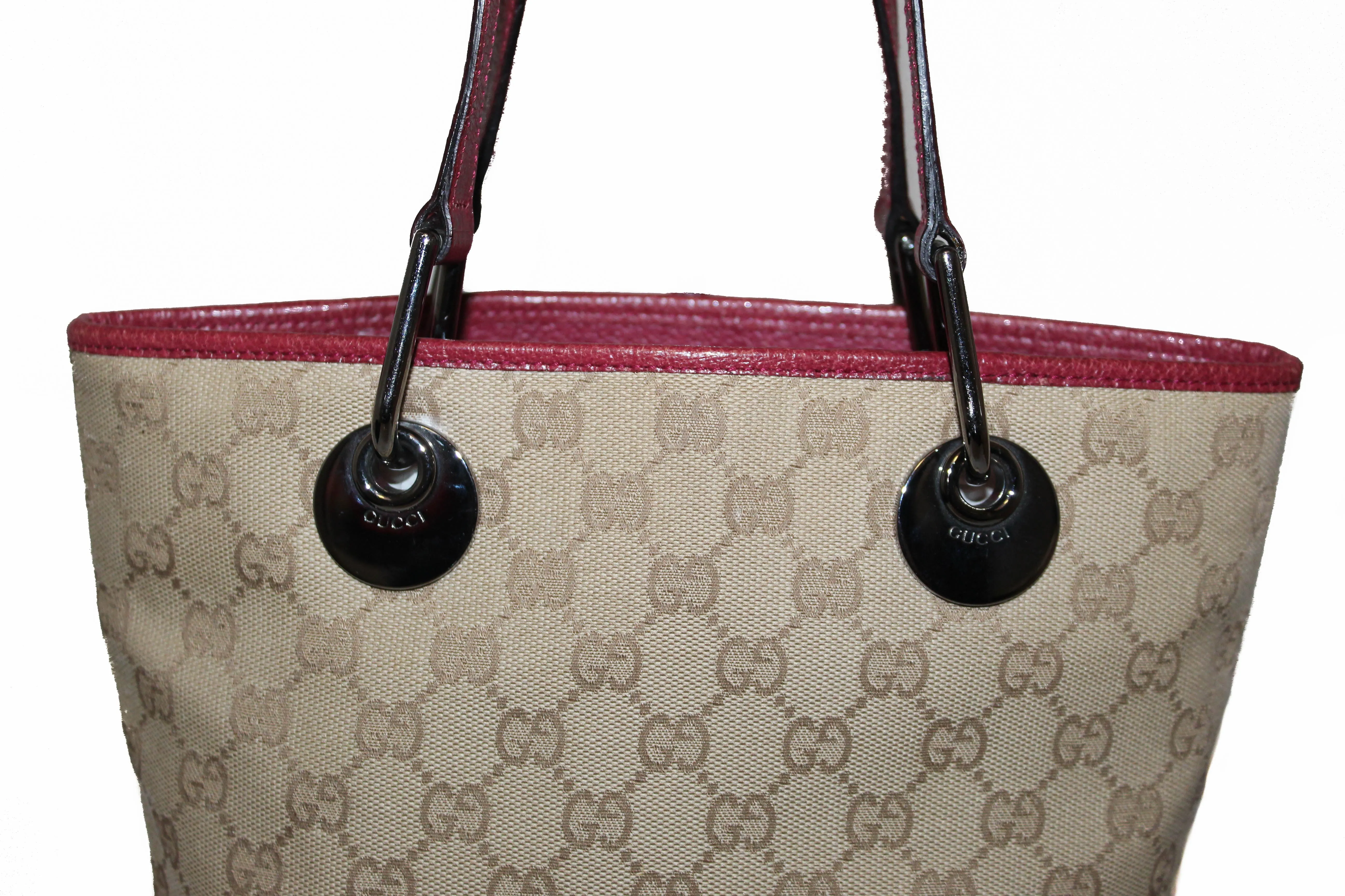 Authentic Gucci Gold GG Signature Canvas Pink Leather Small Bucket Tote Bag