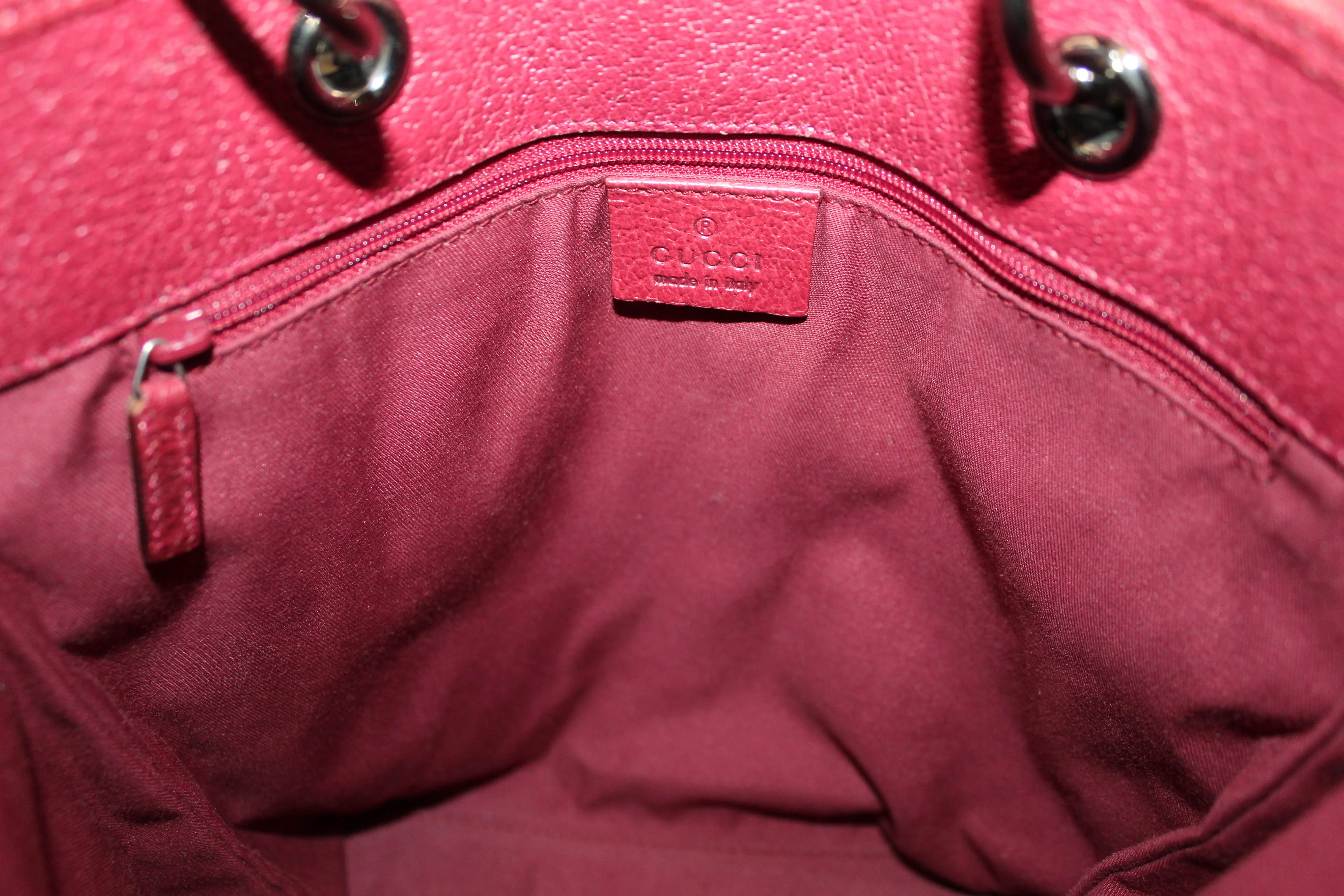 Authentic Gucci Gold GG Signature Canvas Pink Leather Small Bucket Tote Bag