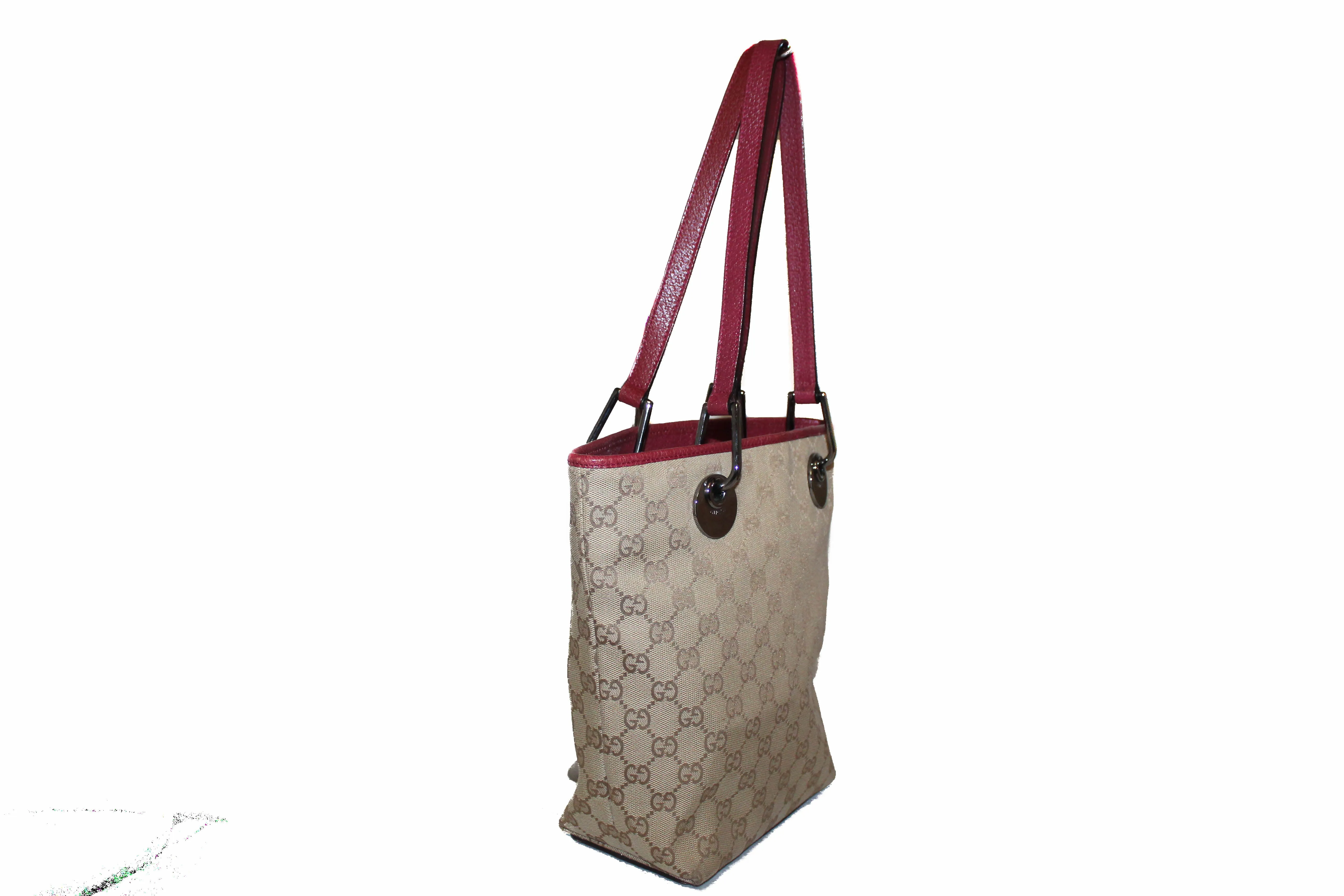 Authentic Gucci Gold GG Signature Canvas Pink Leather Small Bucket Tote Bag