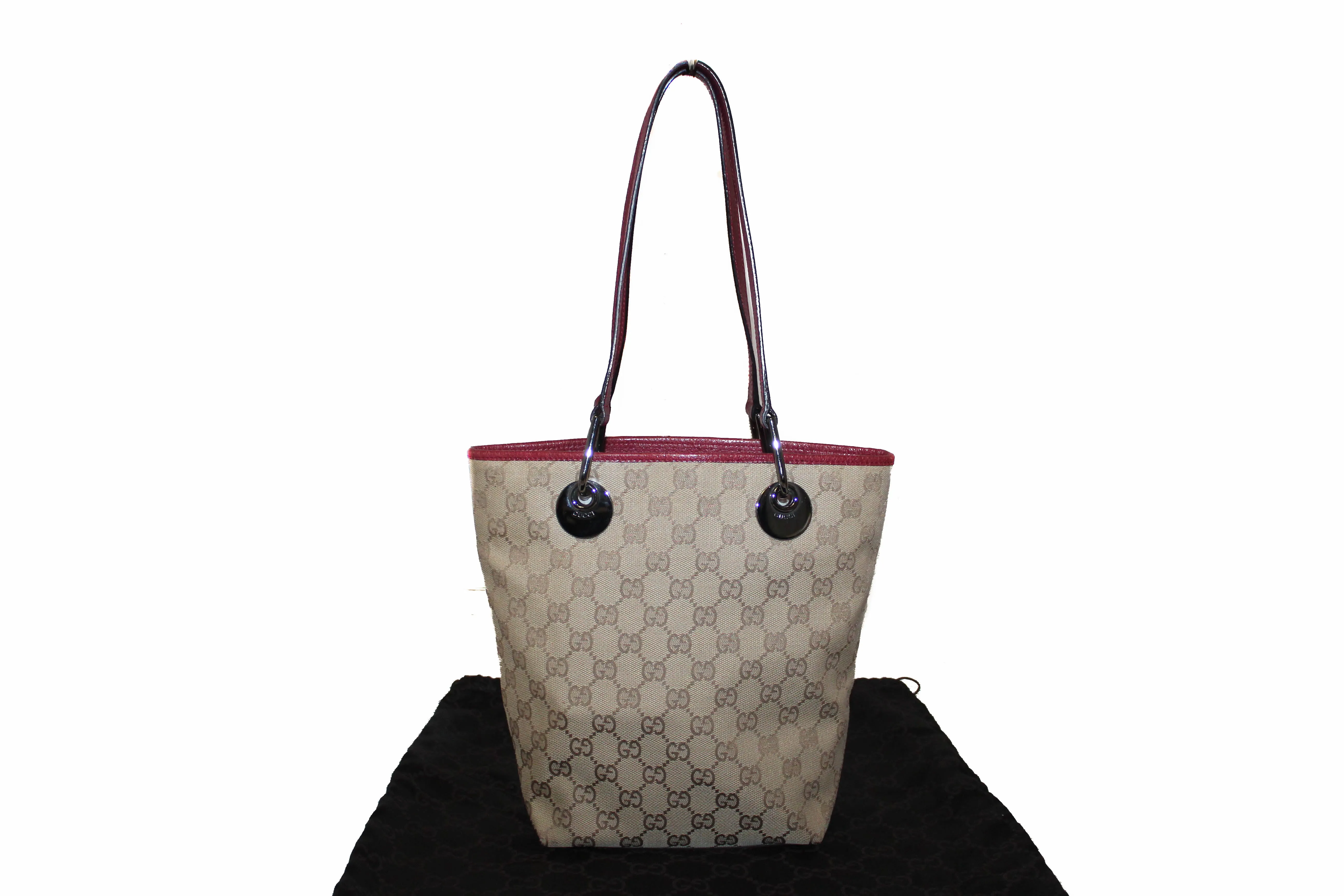Authentic Gucci Gold GG Signature Canvas Pink Leather Small Bucket Tote Bag