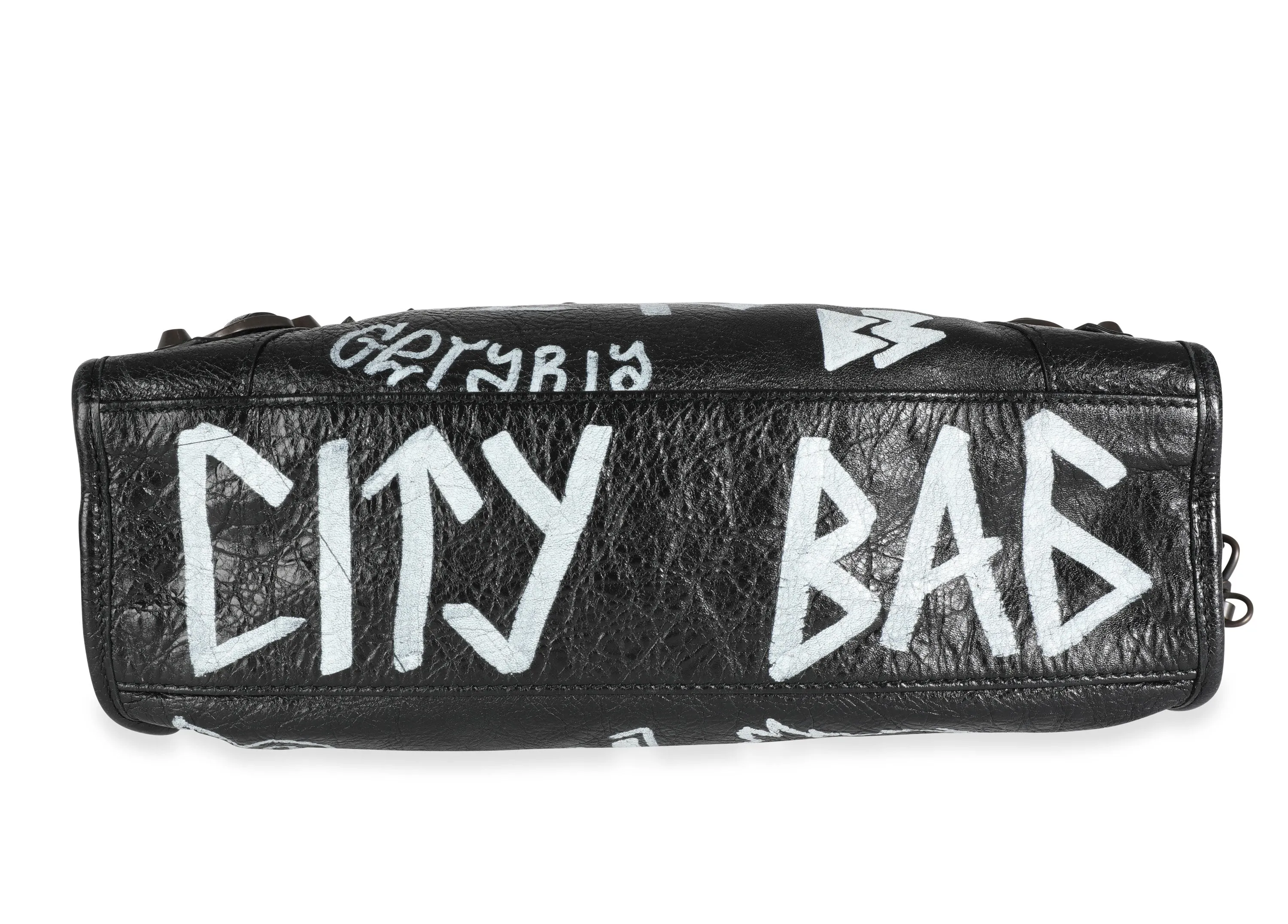 Balenciaga Black & White Graffiti Lambskin Small Classic City Bag