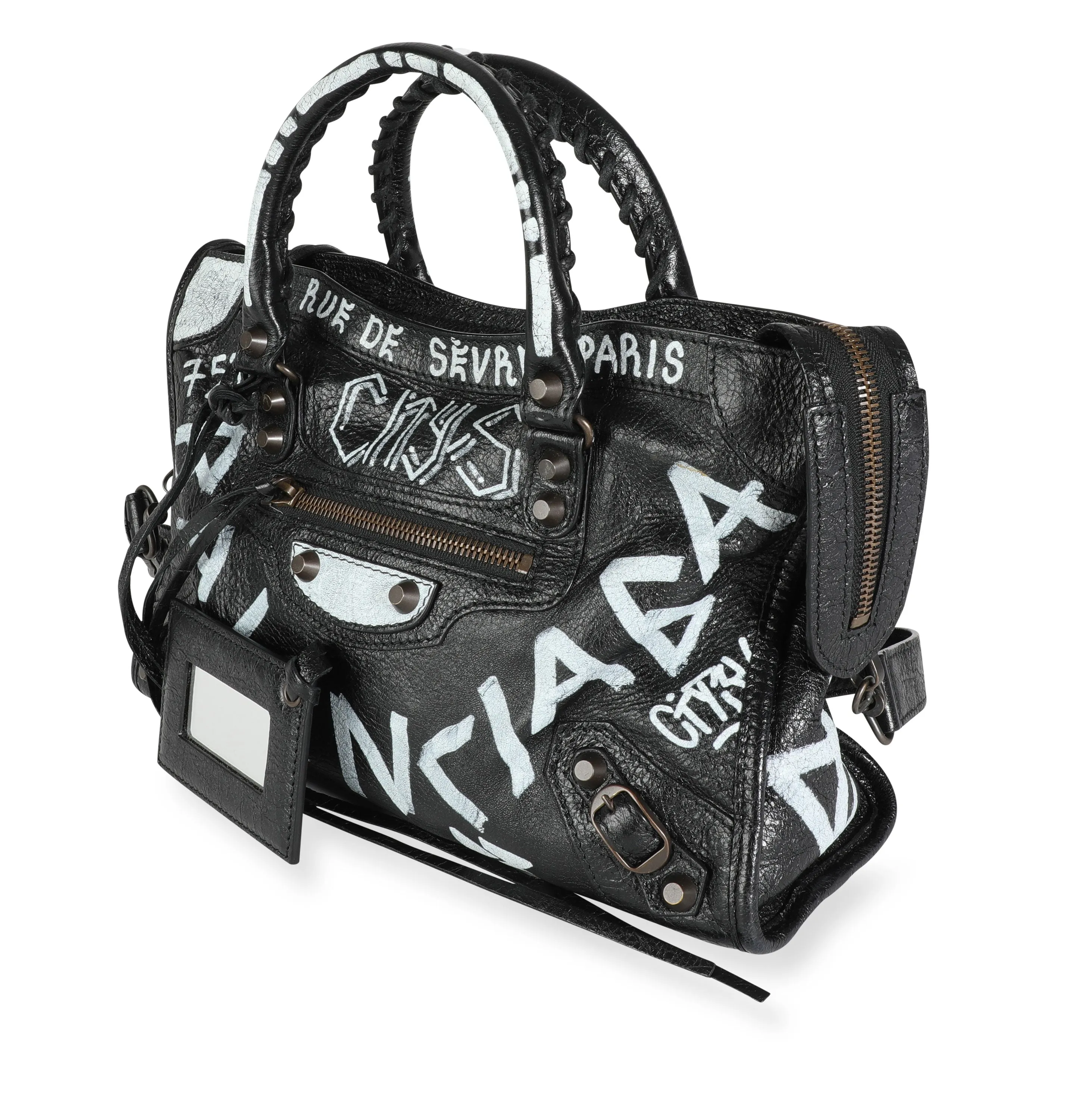 Balenciaga Black & White Graffiti Lambskin Small Classic City Bag