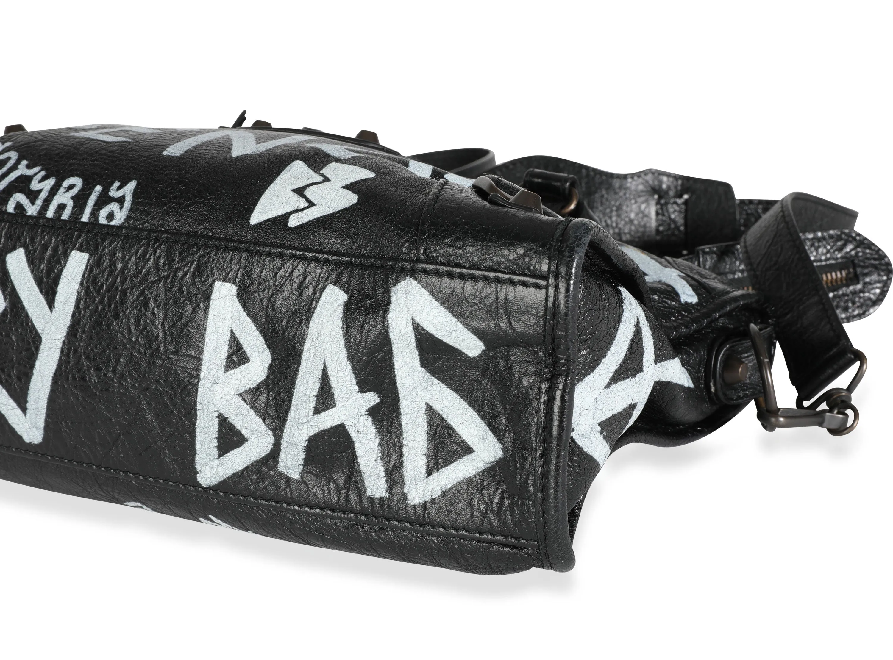 Balenciaga Black & White Graffiti Lambskin Small Classic City Bag