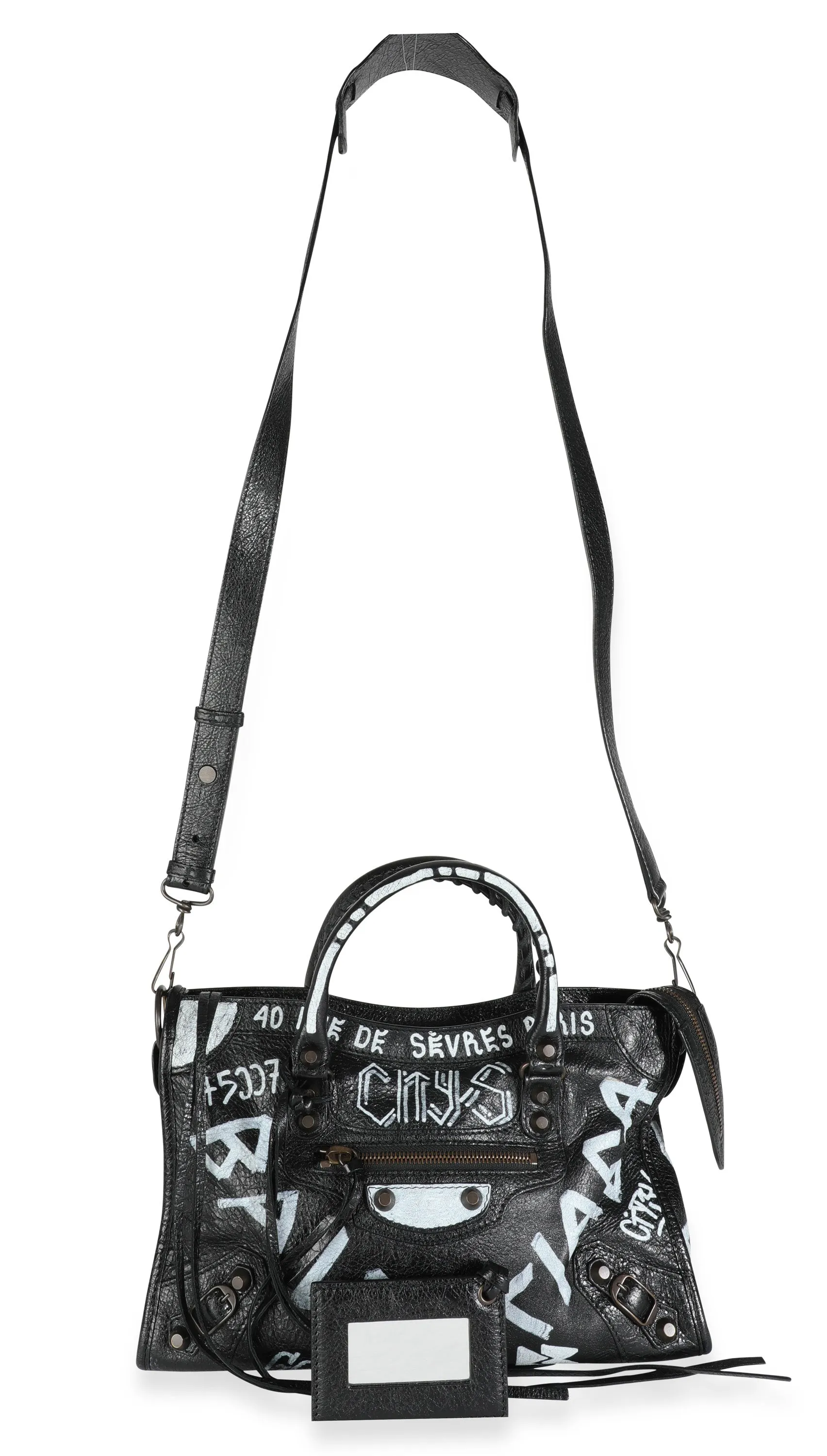 Balenciaga Black & White Graffiti Lambskin Small Classic City Bag