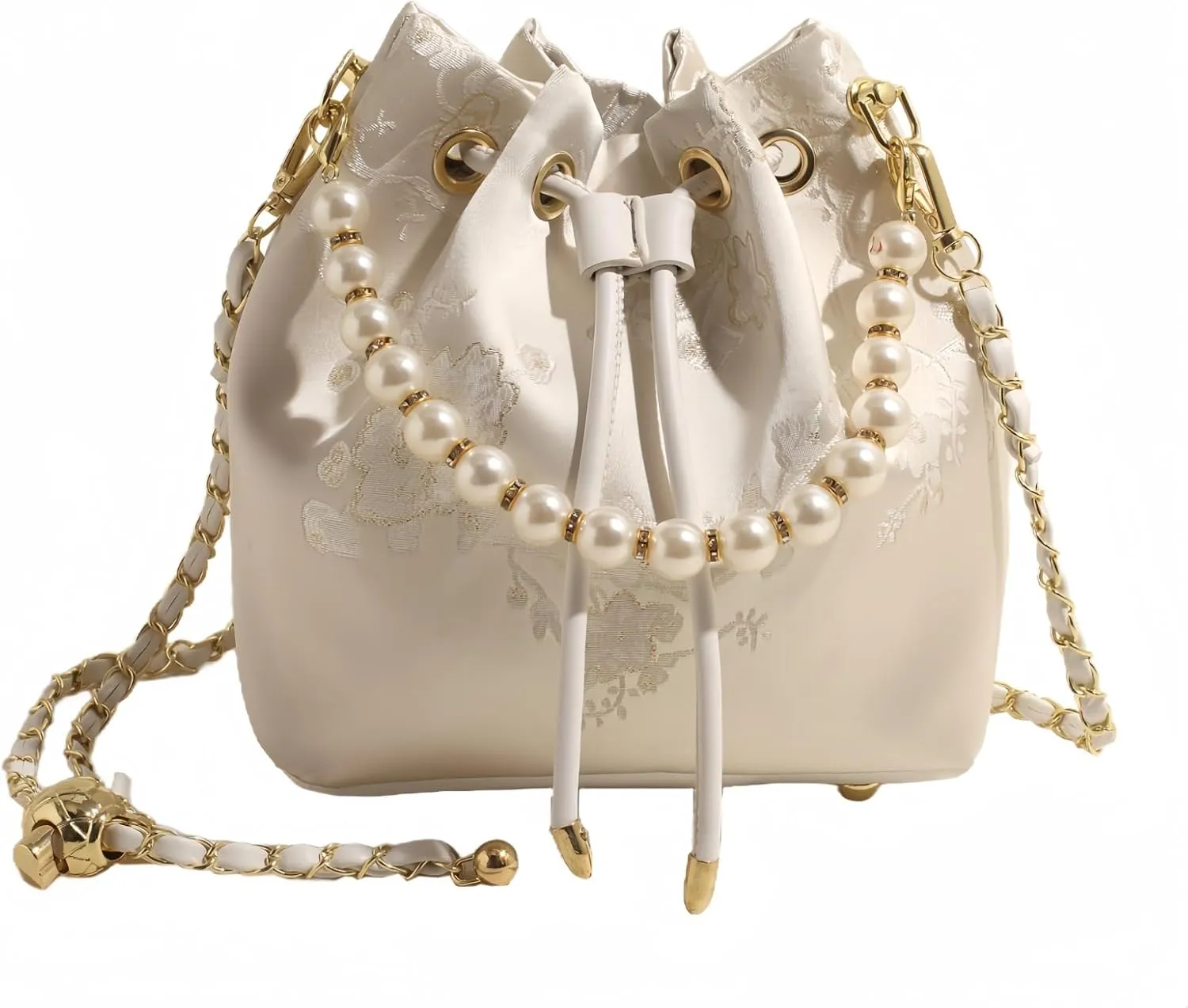 Bucket Bag for Women, Small Pearl Drawstring Handbags, Hobo Purse