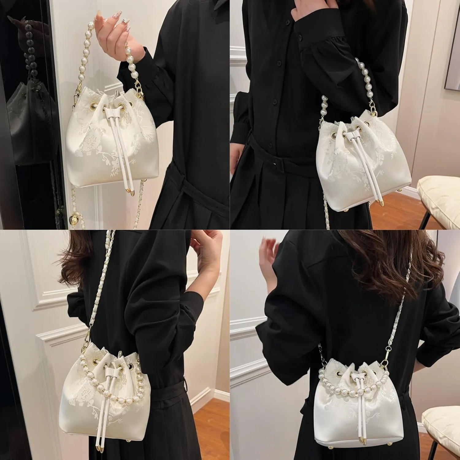 Bucket Bag for Women, Small Pearl Drawstring Handbags, Hobo Purse