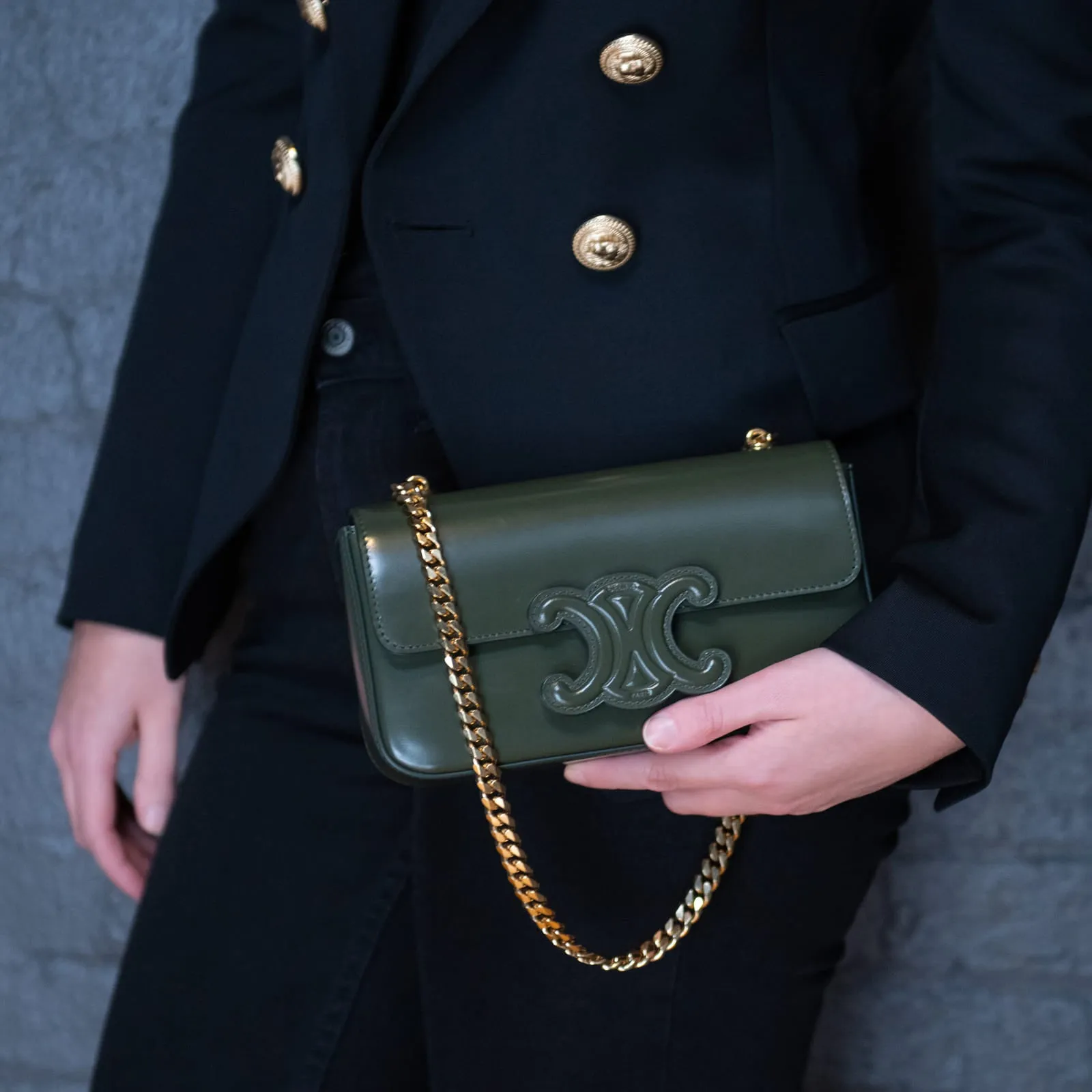 Celine Khaki Shiny Calfskin Cuir Triomphe Chain Shoulder Bag