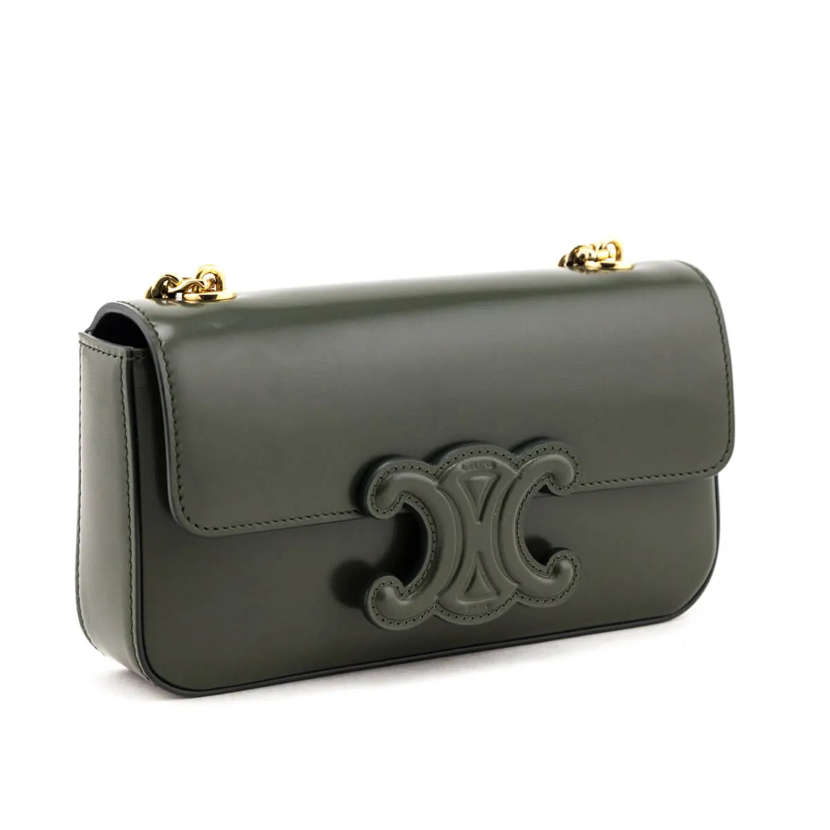 Celine Khaki Shiny Calfskin Cuir Triomphe Chain Shoulder Bag