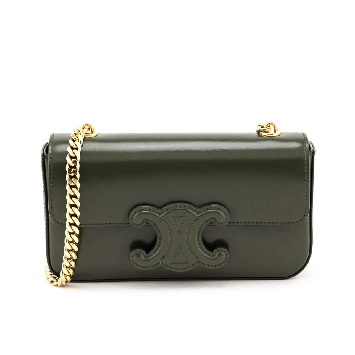 Celine Khaki Shiny Calfskin Cuir Triomphe Chain Shoulder Bag
