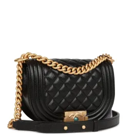 Chanel Small Boy Messenger Bag Black Caviar Antique Gold Hardware