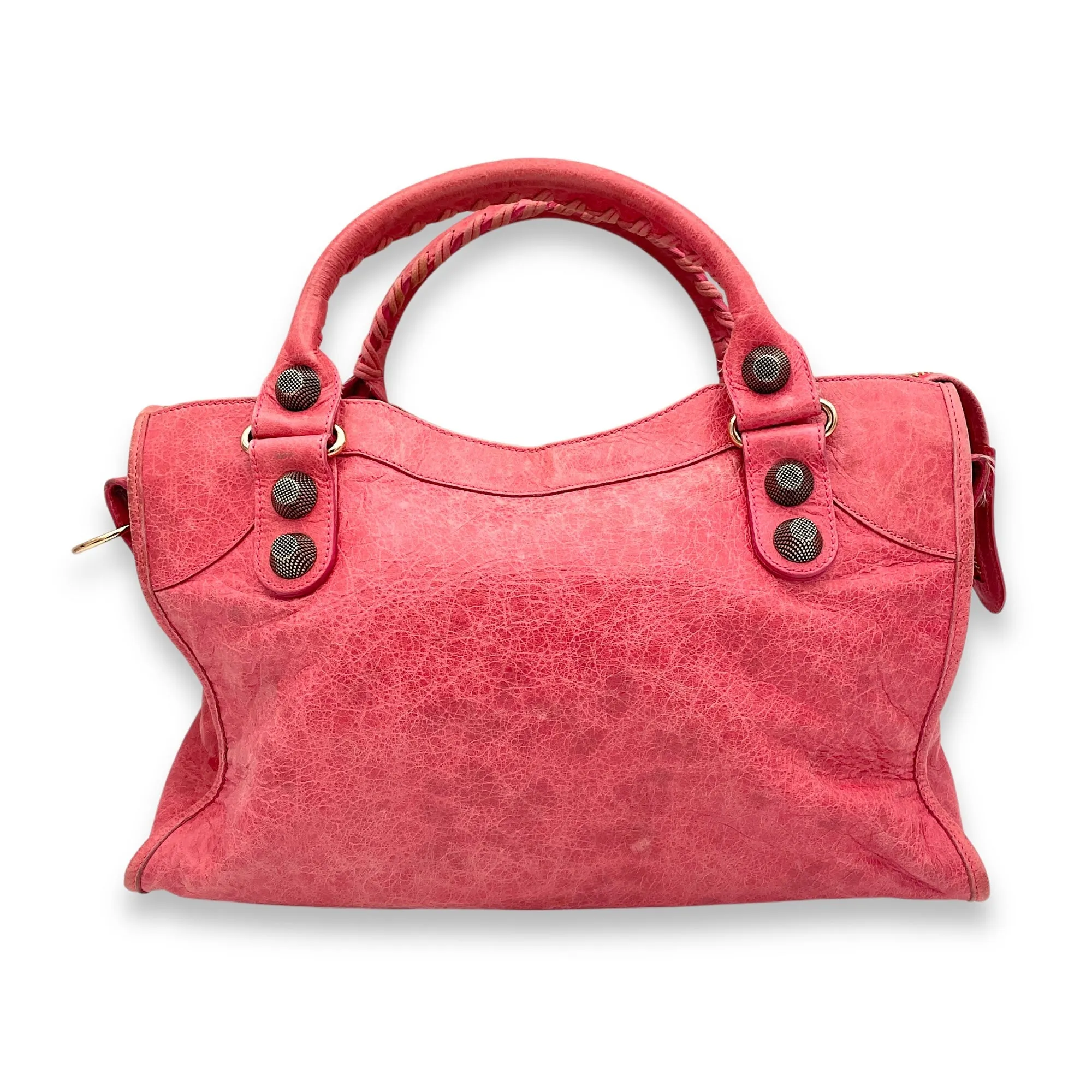 City Medium Pink Top Handle Bag in Distressed Leather, Rose Gold hardware