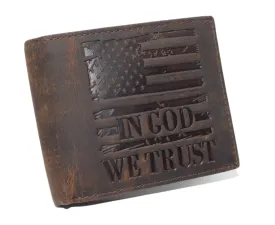 Distressed Vintage Leather Patriotic American Flag Wallet - Western Style ‘IN GOD WE TRUST’ RFID Blocking Leather US Flag Men's Bifold Wallet
