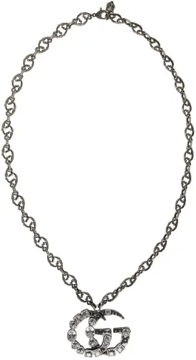 GUCCI GG Crystal Marmont Necklace Aged Silver