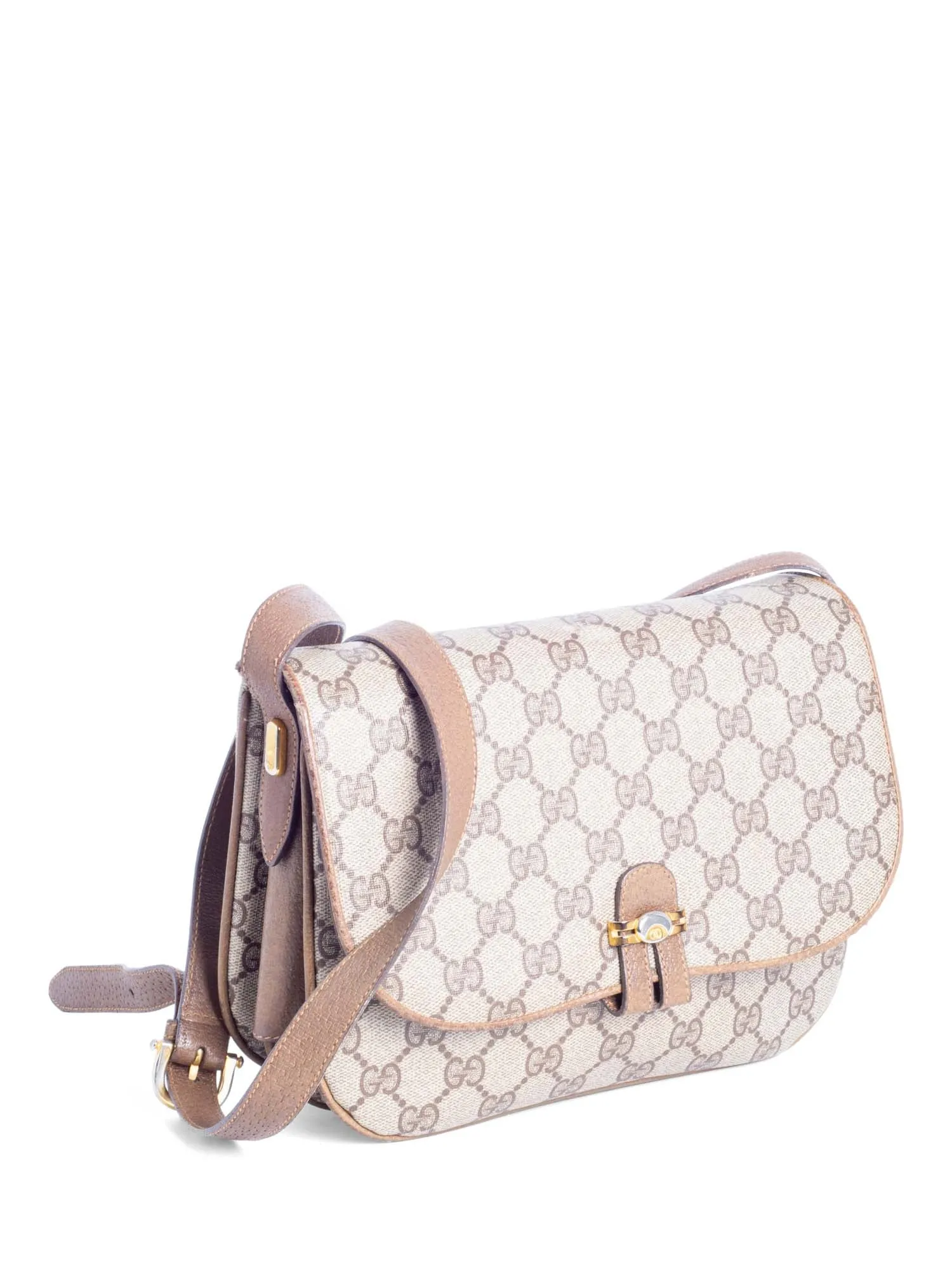 Gucci Vintage GG Supreme Flap Messenger Bag Brown Gold