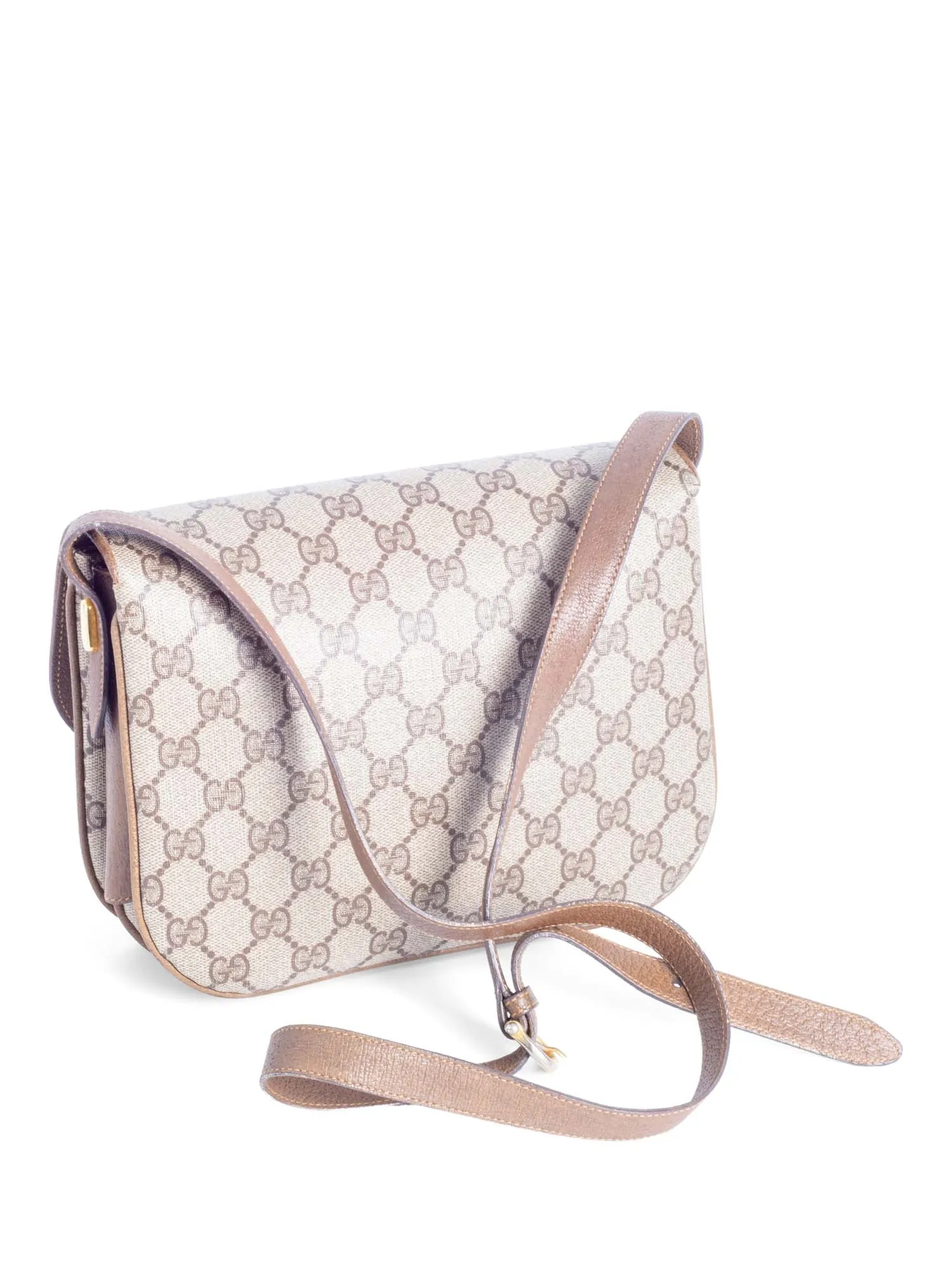 Gucci Vintage GG Supreme Flap Messenger Bag Brown Gold