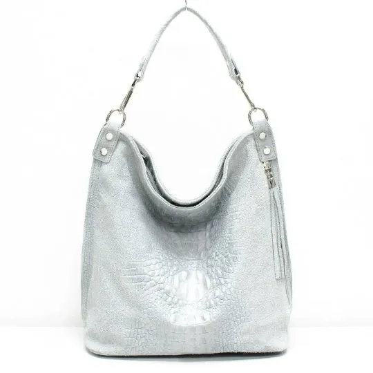 Italian Designer Leather Suede Leather Croc Print Right Pocket Hobo Bag - Swolit Zeta Light Grey
