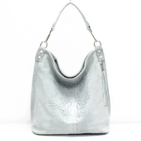Italian Designer Leather Suede Leather Croc Print Right Pocket Hobo Bag - Swolit Zeta Light Grey