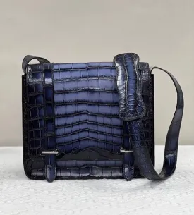 Men's Vintage Gray Crocodile Leather Messenger Postman Cross Body  Bag