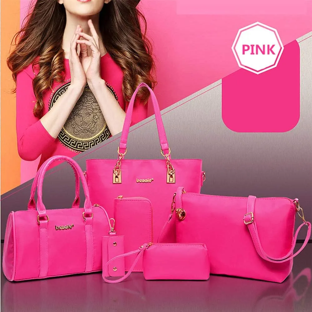 Nylon 6 PCS Women Shoulder Bag Top-Handle Handbag Tote Purse Wallet Key Case Set