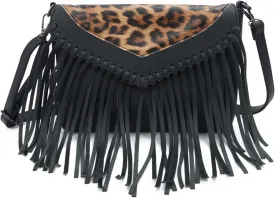 Oweisong Fringe Crossbody Purse for Women Western Cowgirl Purse Leather Tassel Fanny Packs Black Shoulder Handbags