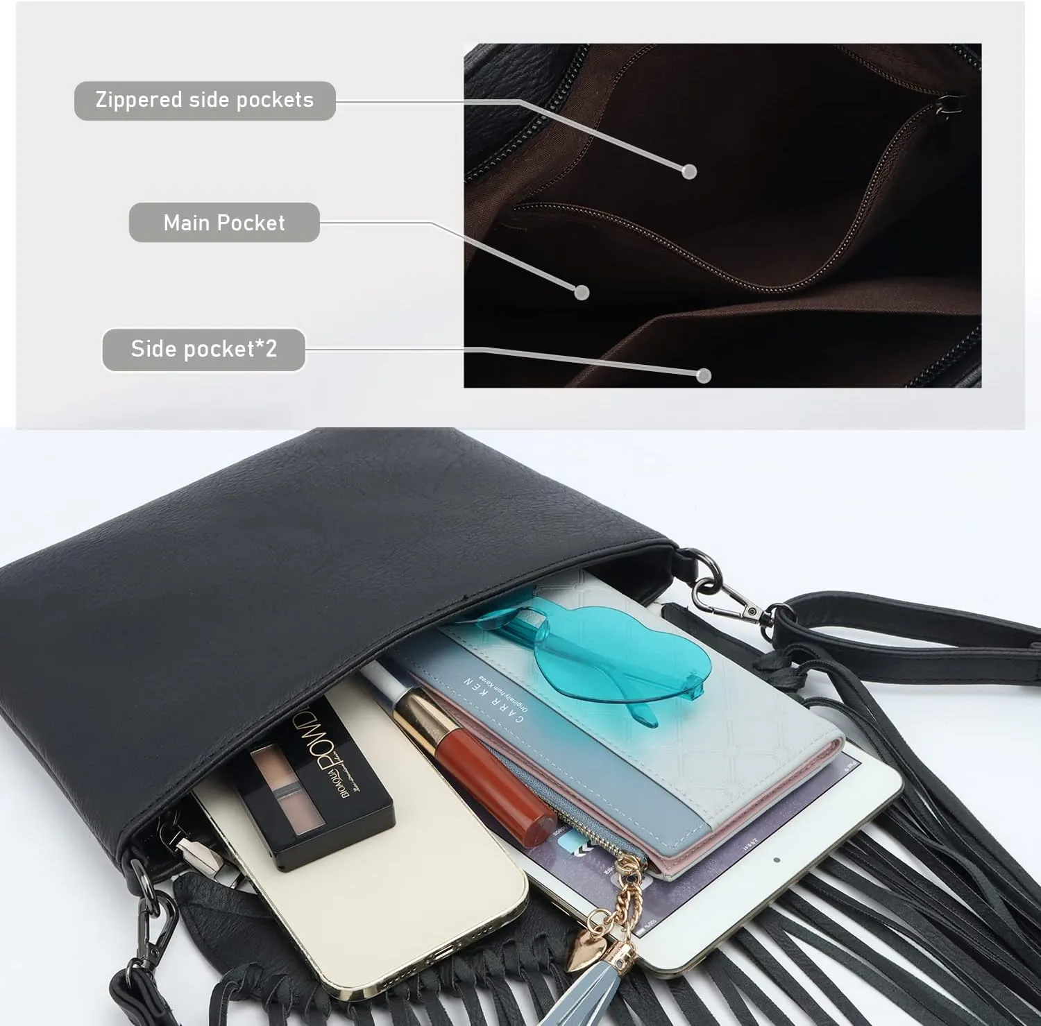 Oweisong Fringe Crossbody Purse for Women Western Cowgirl Purse Leather Tassel Fanny Packs Black Shoulder Handbags