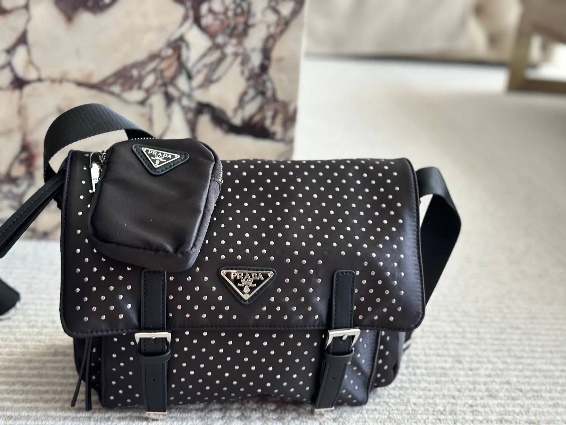 PD343 Re-Nylon Shoulder Bag with Studs / 11x8.6inch