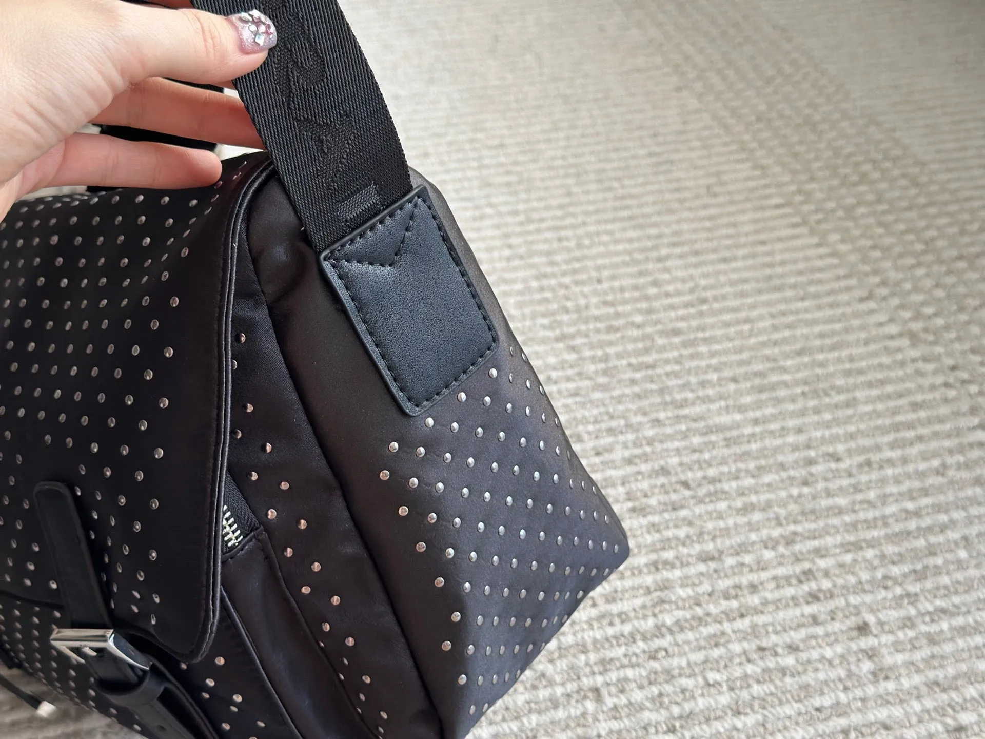 PD343 Re-Nylon Shoulder Bag with Studs / 11x8.6inch