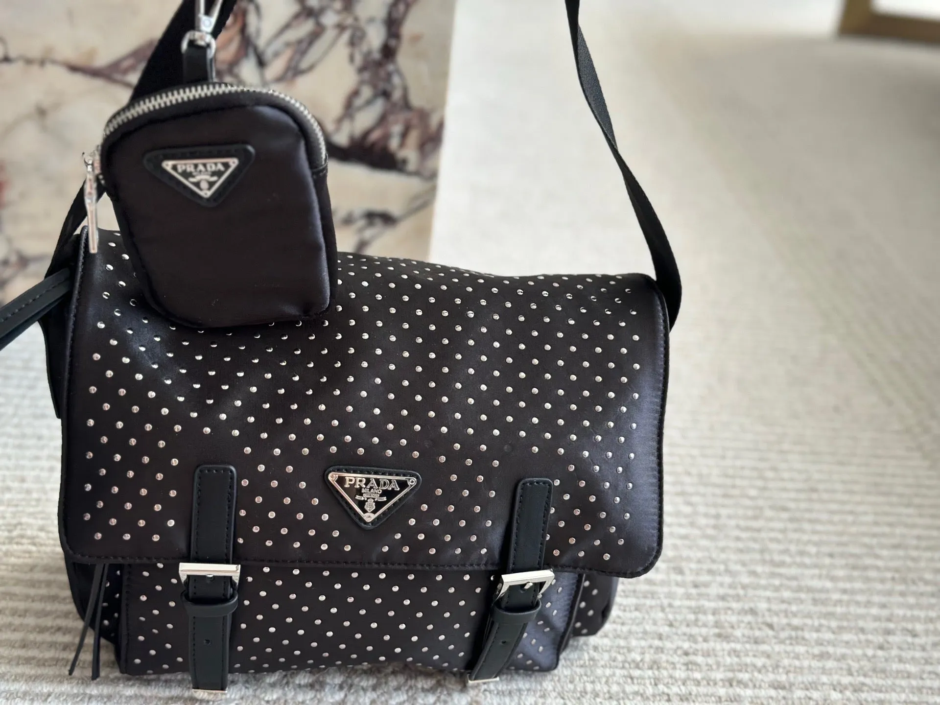 PD343 Re-Nylon Shoulder Bag with Studs / 11x8.6inch