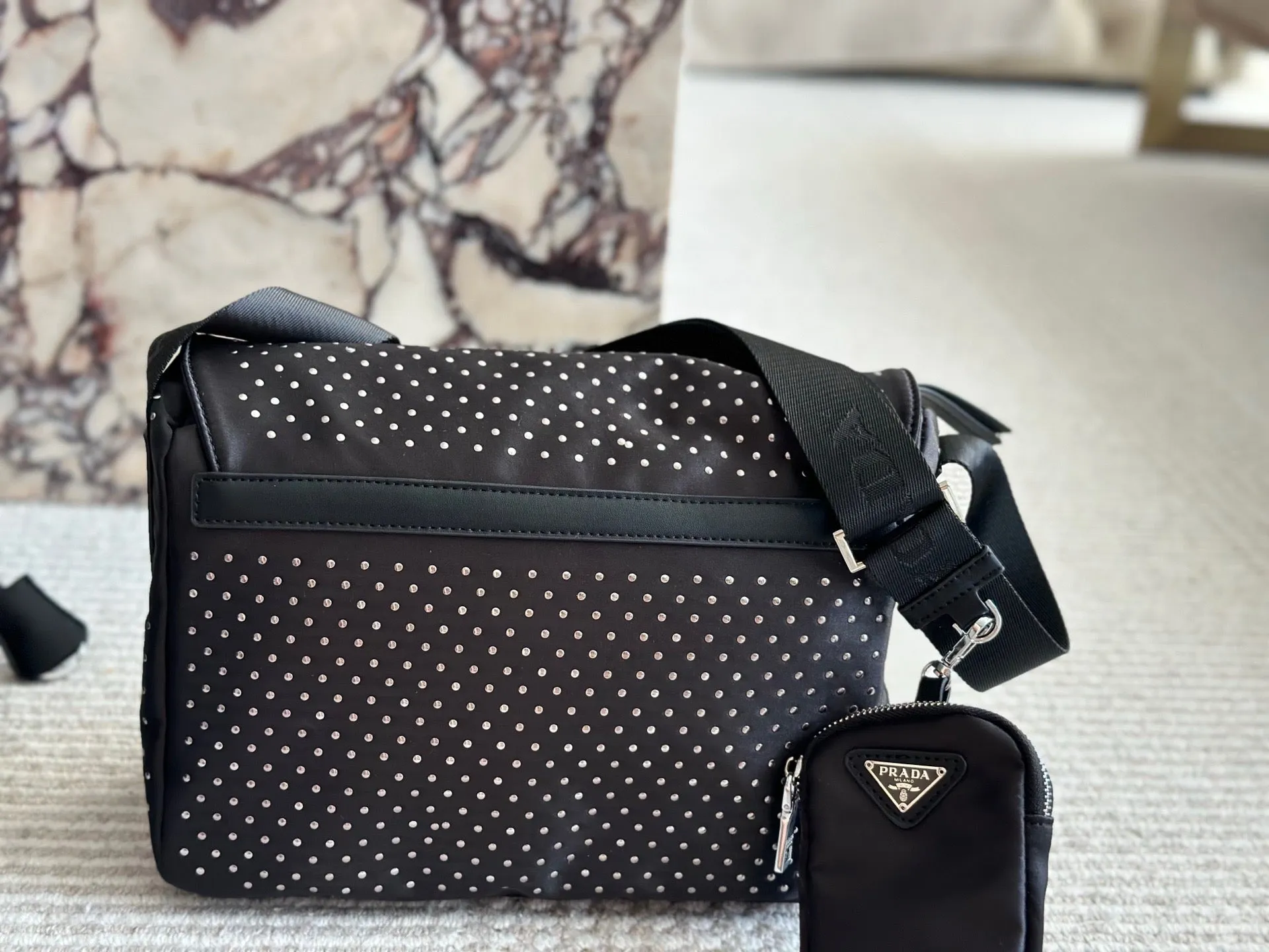 PD343 Re-Nylon Shoulder Bag with Studs / 11x8.6inch