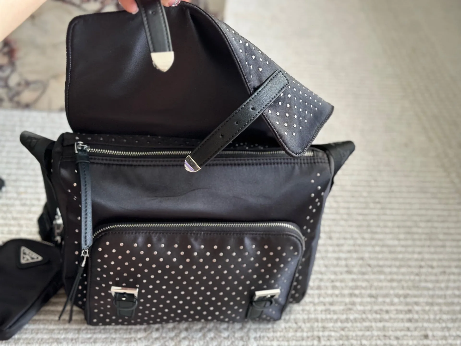 PD343 Re-Nylon Shoulder Bag with Studs / 11x8.6inch