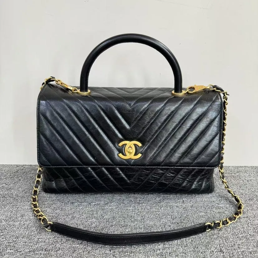 Preloved Chanel Coco Handle Bag Black Leather Satchel/Top Handle Bag