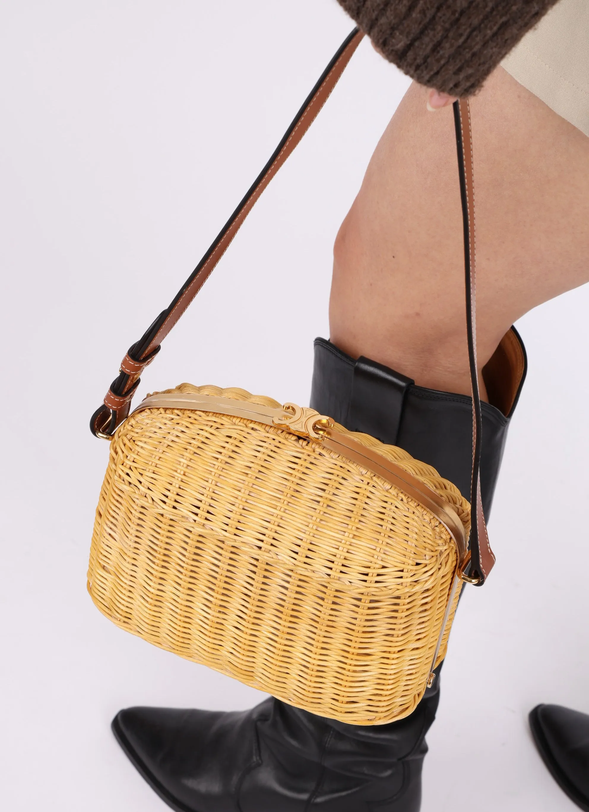 Rare Celine S/S21 Rattan Triomphe Lunchbox Shoulder Bag