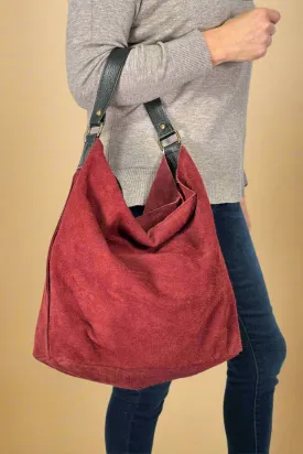 Suede Leather Hobo Bag - Bordeaux