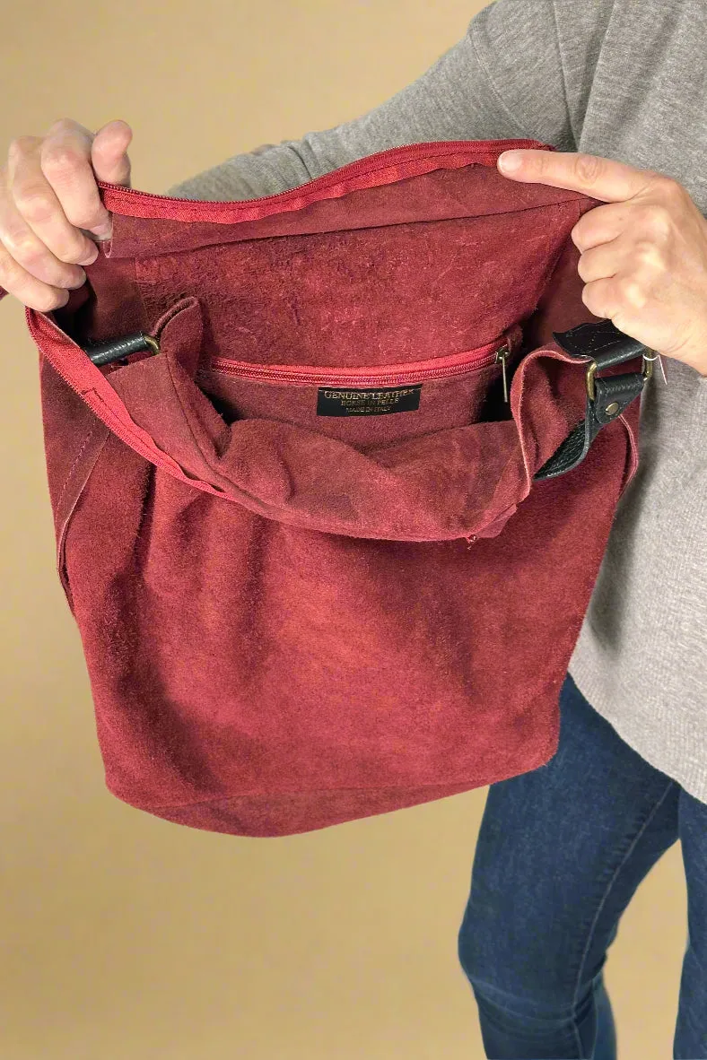 Suede Leather Hobo Bag - Bordeaux