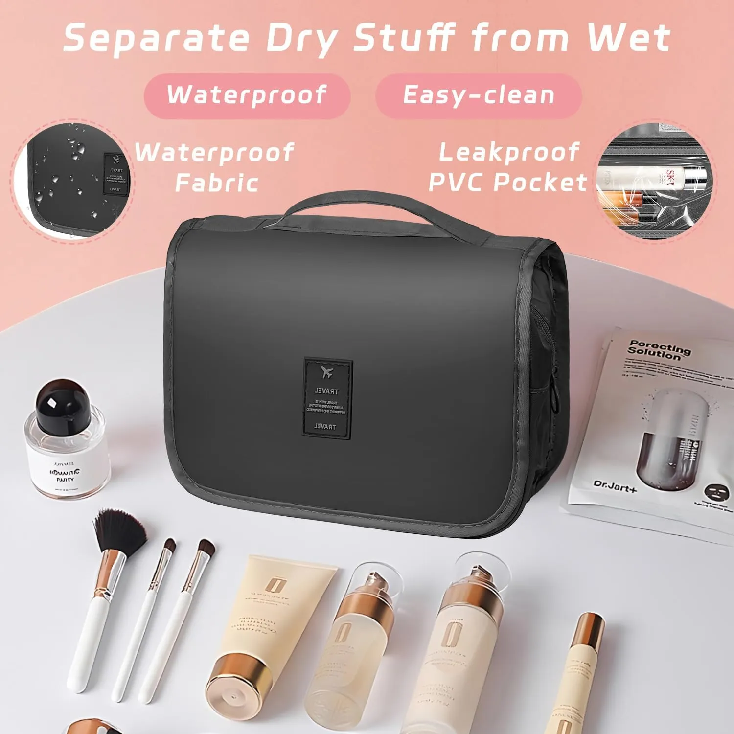 Toiletry Bag Travel Bag with Hanging Hook, Waterproof Capacity Hanging Multifunctional Makeup Bag for Toiletries, Portable Cosmetic Bag Travel Organizer for Women and Men(Black Pure)