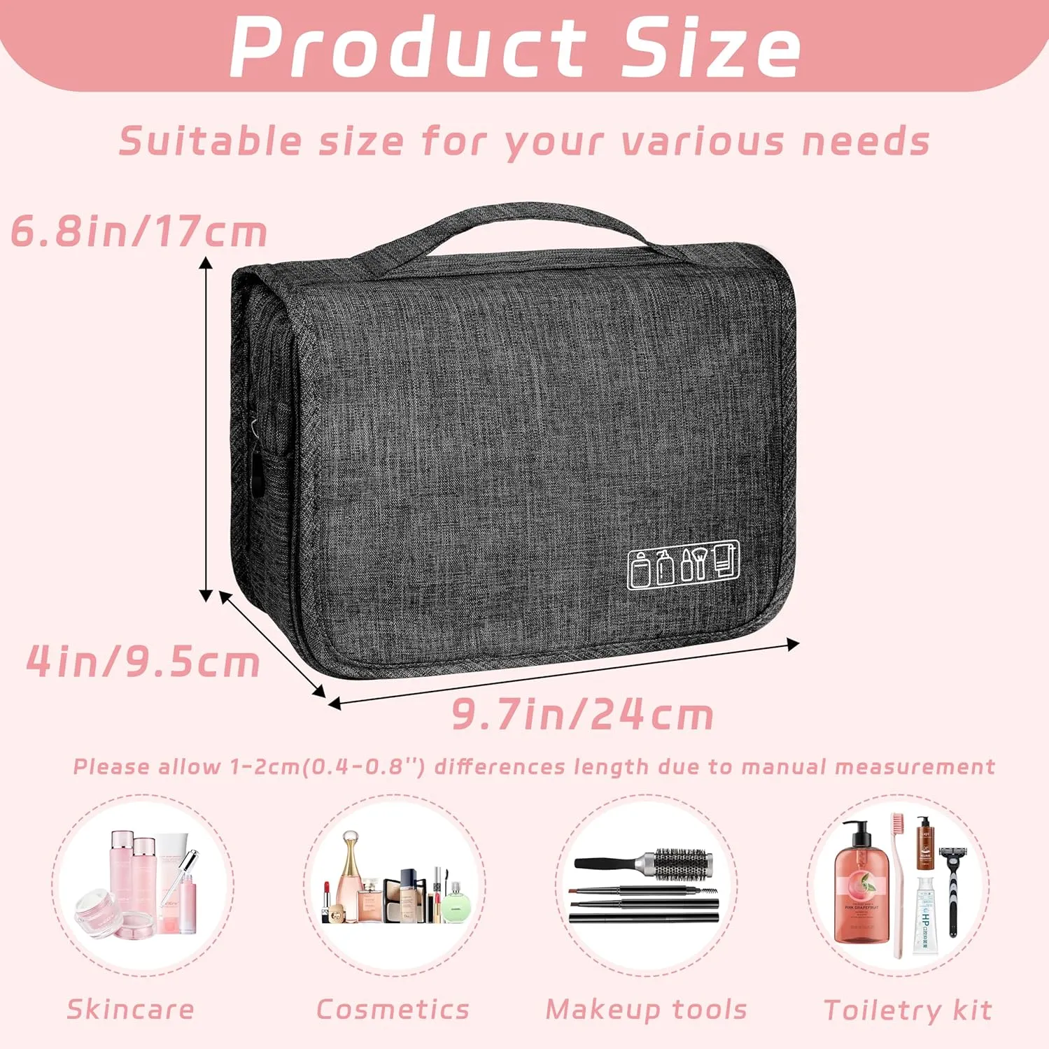 Toiletry Bag Travel Bag with Hanging Hook, Waterproof Capacity Hanging Multifunctional Makeup Bag for Toiletries, Portable Cosmetic Bag Travel Organizer for Women and Men(Black)