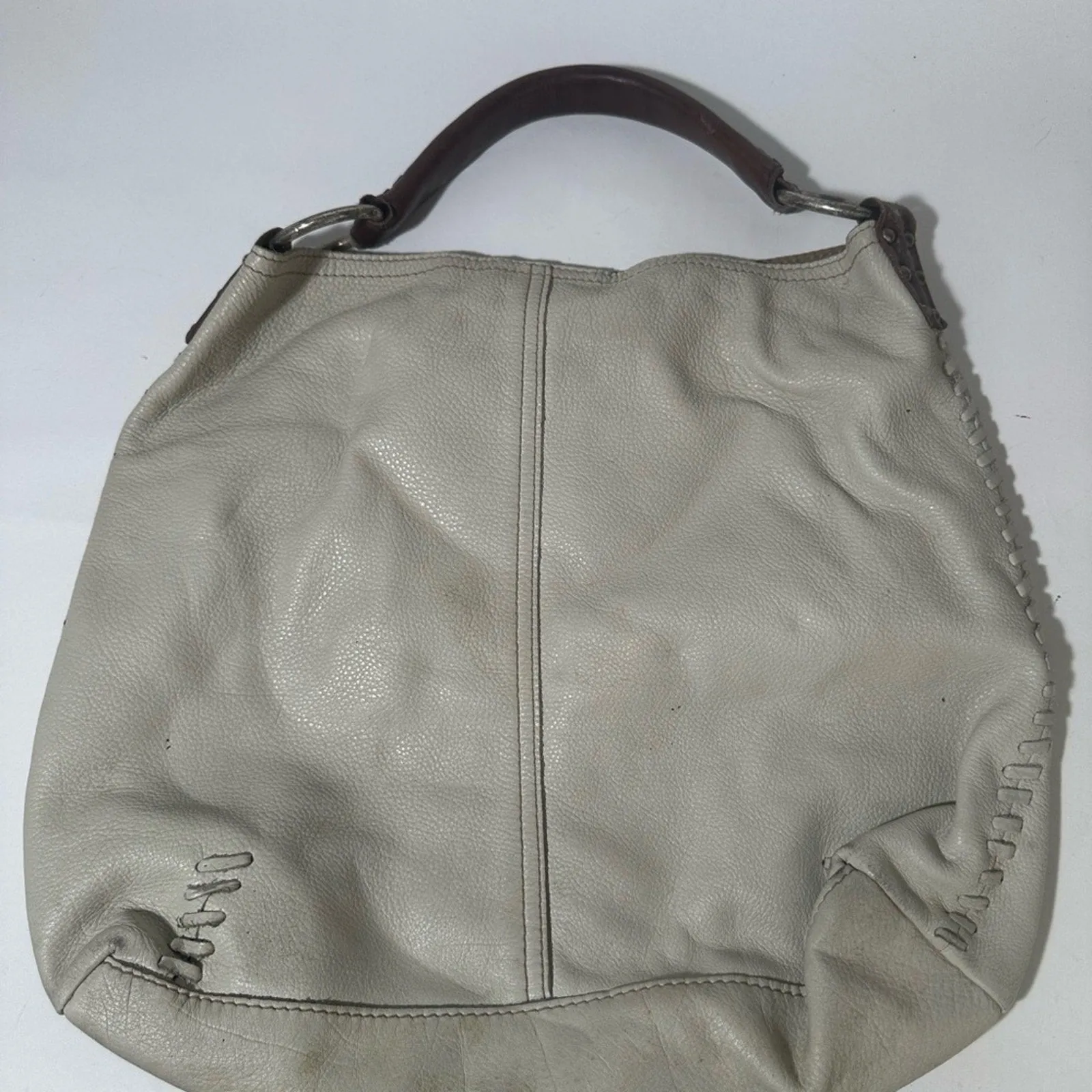 White and Brown Hobo Bag with Textured Leather and Slouchy Shape