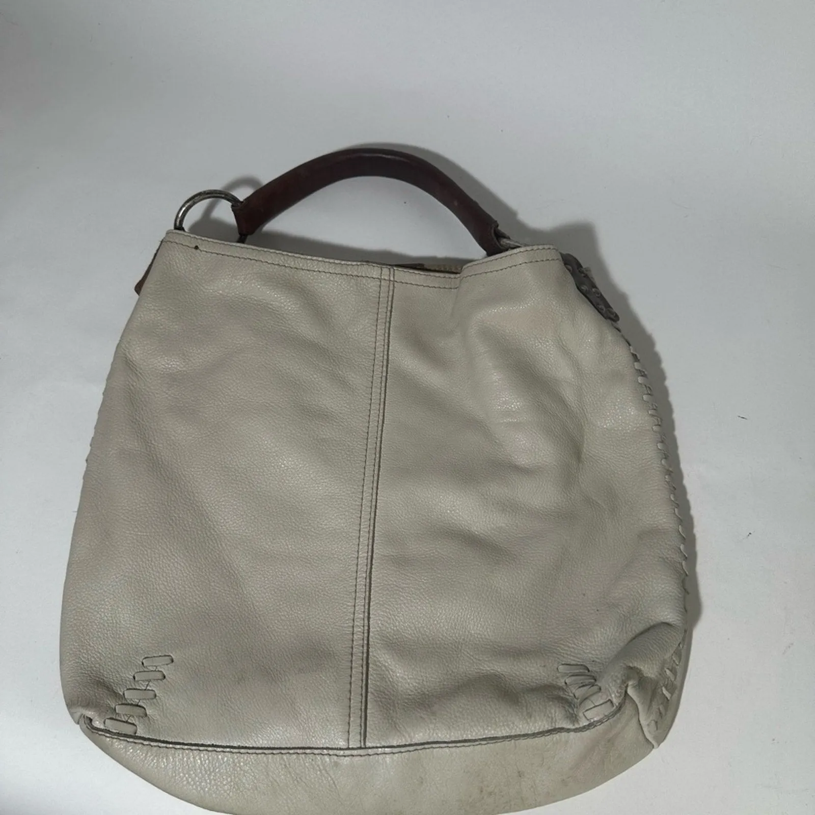 White and Brown Hobo Bag with Textured Leather and Slouchy Shape