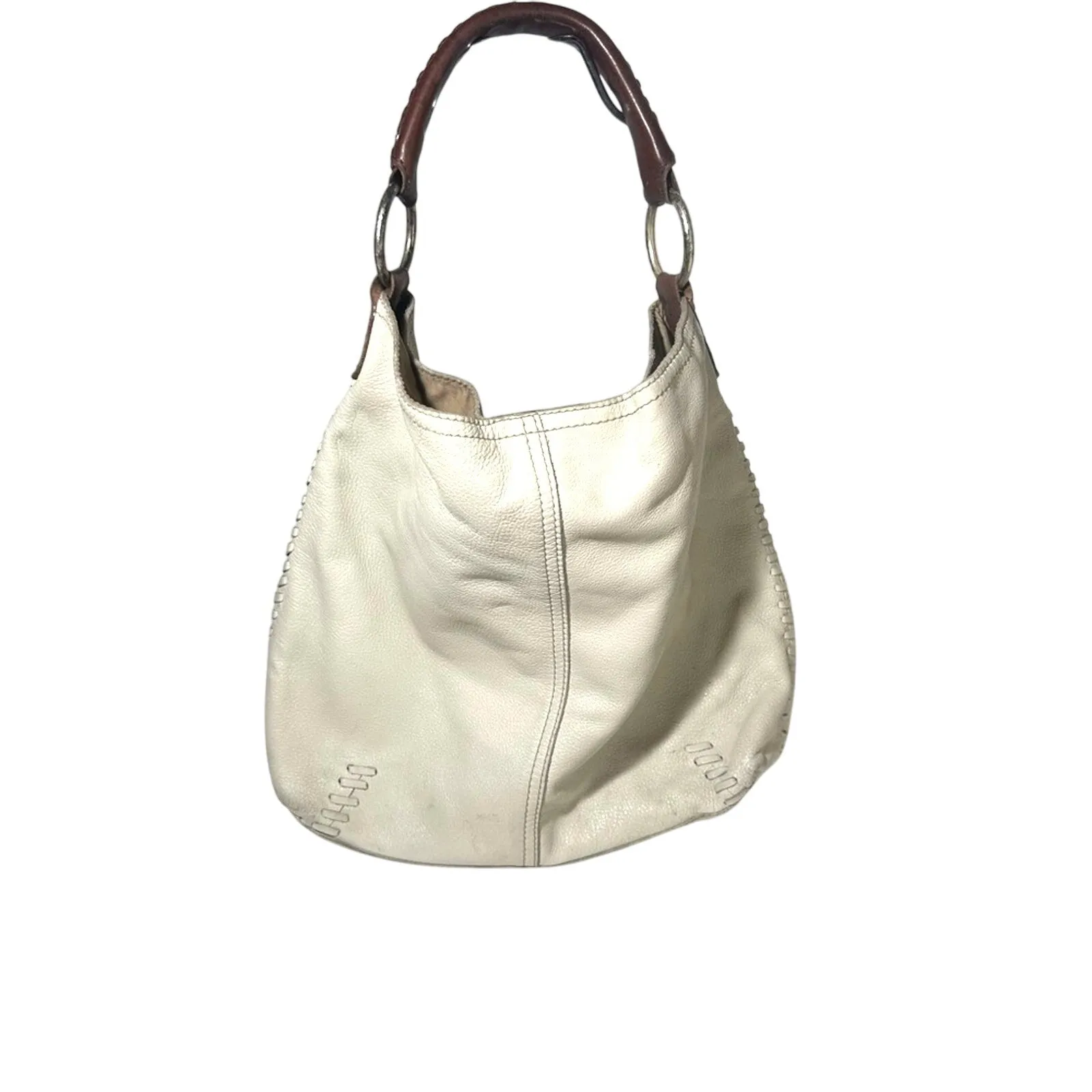 White and Brown Hobo Bag with Textured Leather and Slouchy Shape