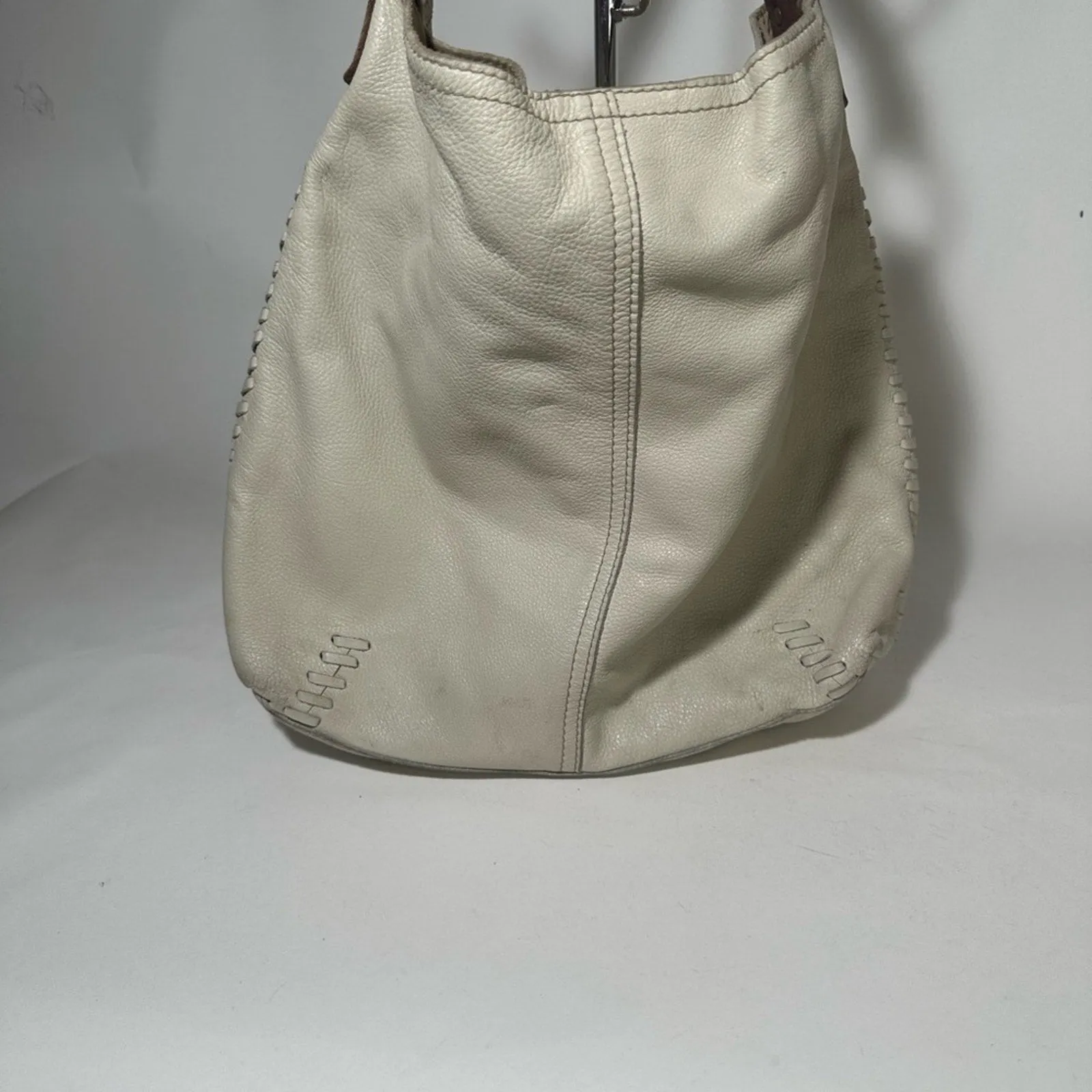 White and Brown Hobo Bag with Textured Leather and Slouchy Shape