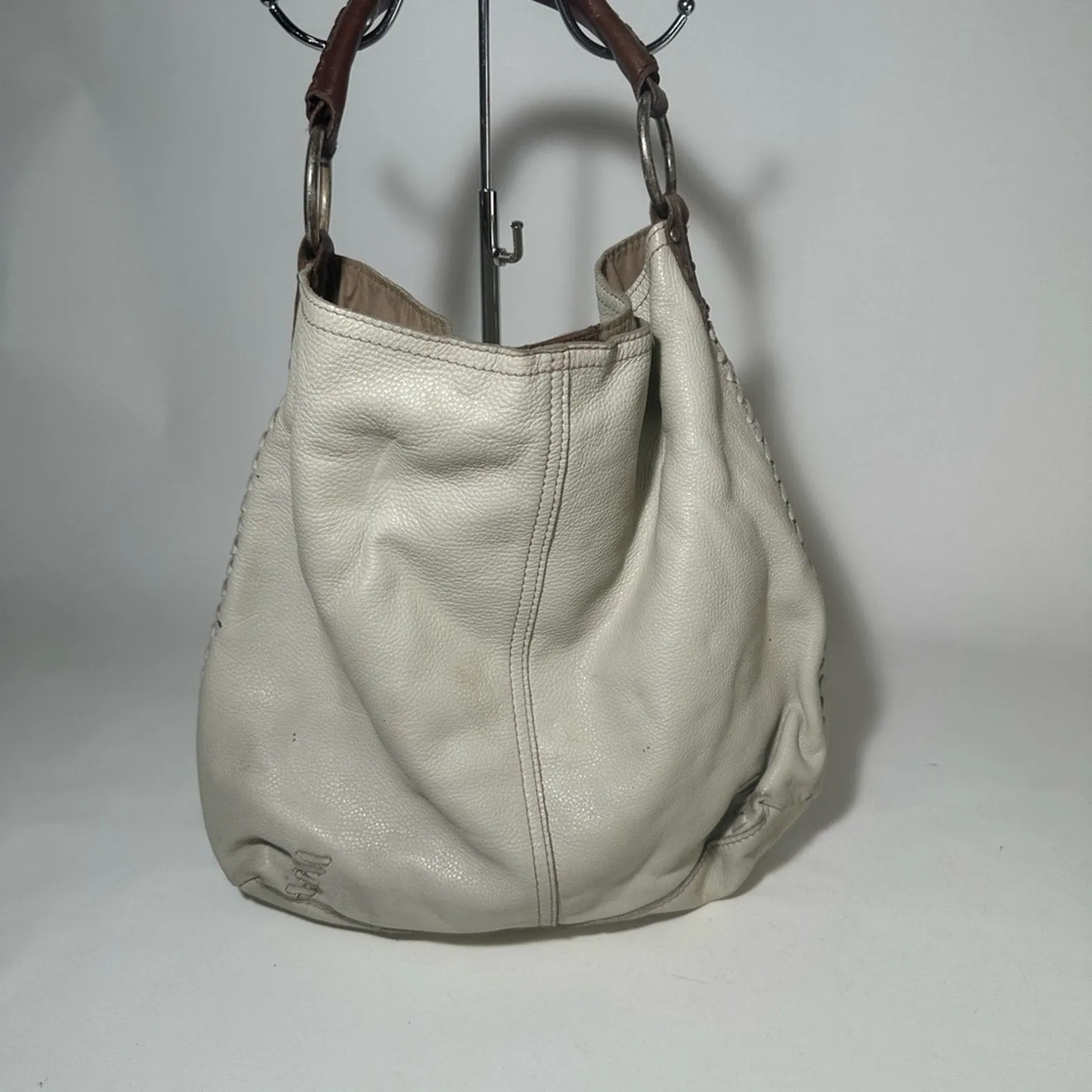 White and Brown Hobo Bag with Textured Leather and Slouchy Shape