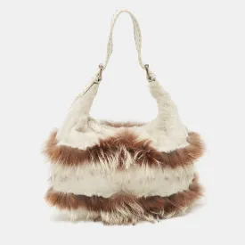 White/Brown Selleria Leather and Rabbit Fur Zip Hobo