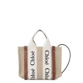 Woody Tote Mini Strap Linen, White/Brown